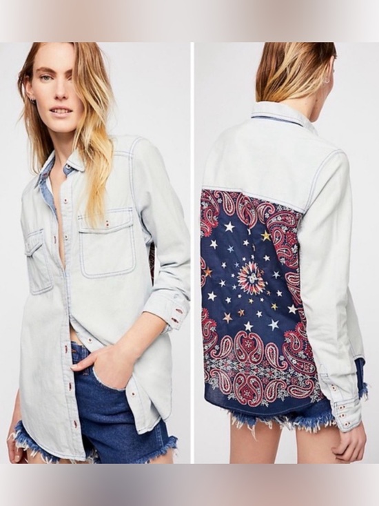 Free People Tops - Free People Bandana Bandit Denim Shirt Button-Down Top Size XS